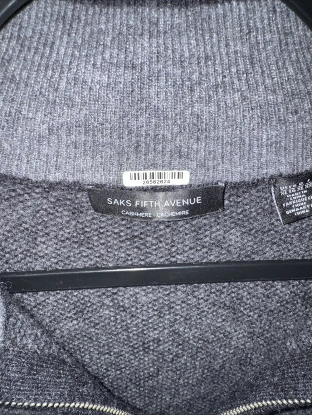 Saks Fifth Ave 100% PURE CASHMERE Dark Gray  HALF-ZIP MOCK - XL Sweater Soft A+